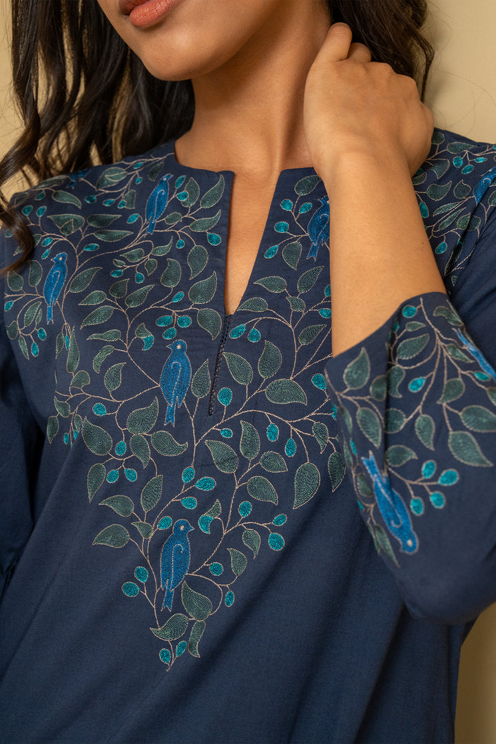 Navy Blue Embroidered Chanderi Kurta