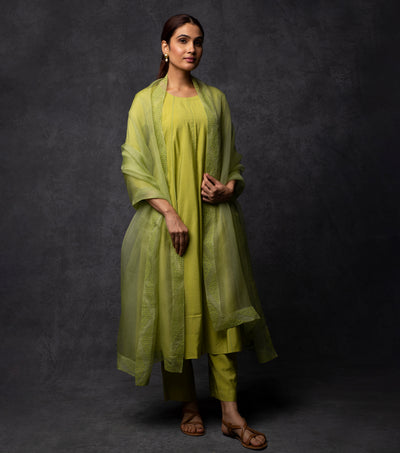 Leaf green Anarkali Kurta set with emboirdered organza dupatta