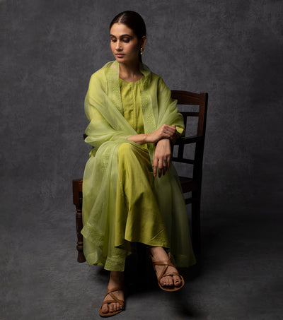 Leaf green Anarkali Kurta set with emboirdered organza dupatta