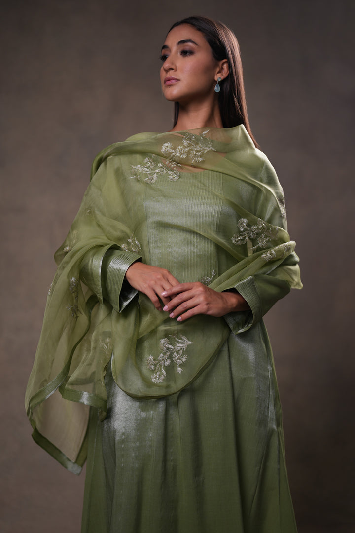 Green Tissue Kurta with Pants and Dupatta
