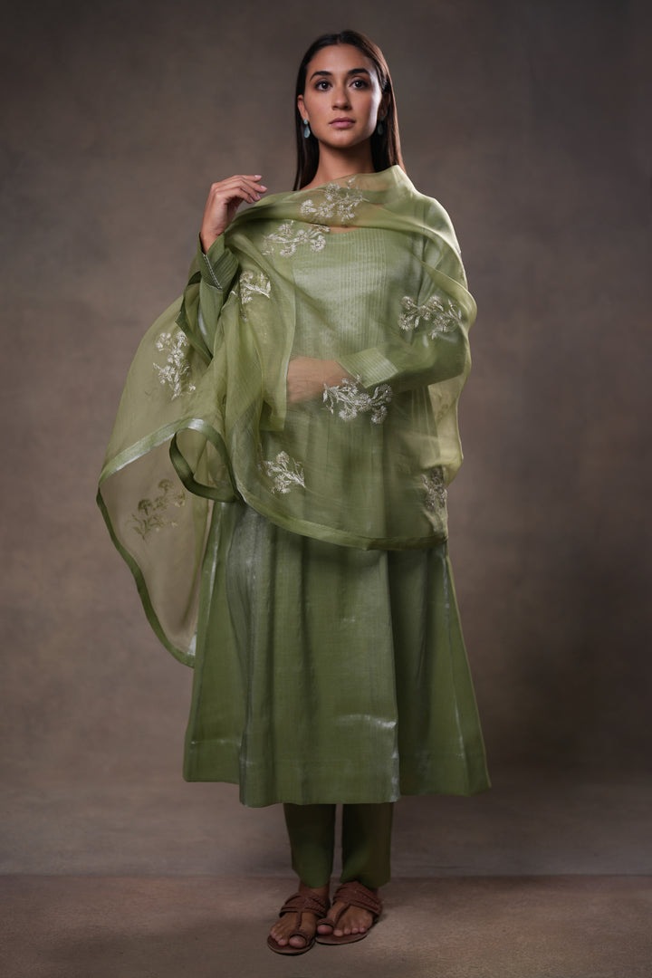 Green Tissue Kurta with Pants and Dupatta