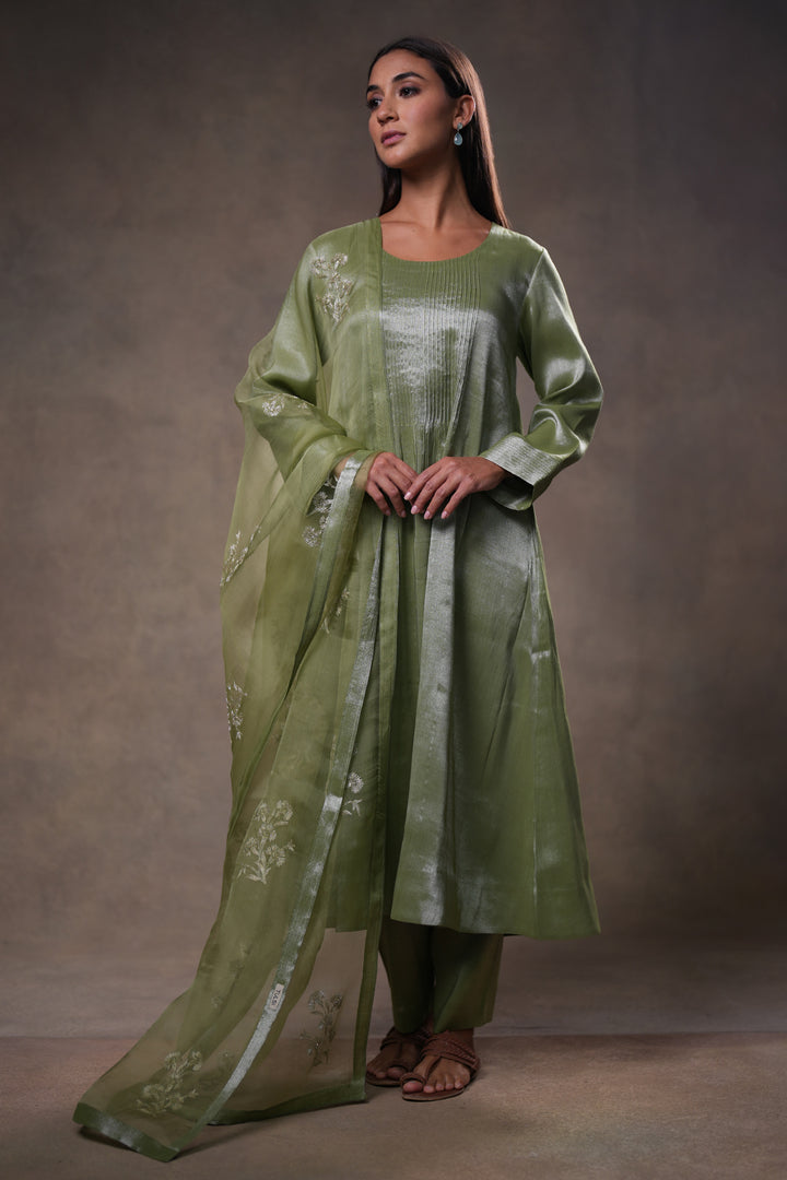 Green Tissue Kurta with Pants and Dupatta