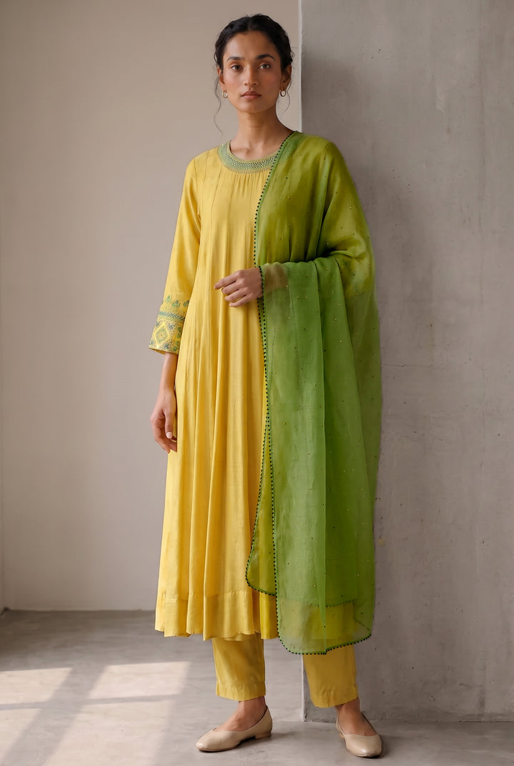 Mustard & Teal Embroidered Cotton Silk Kurta Set