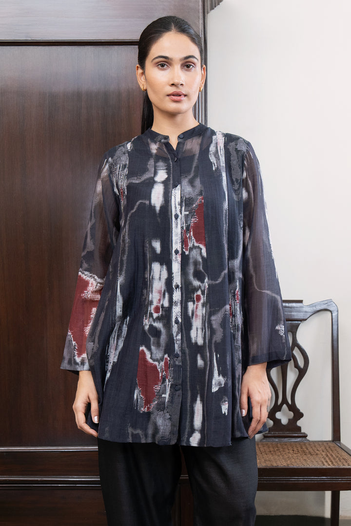 Black Abstract Print Chanderi Oversized Shirt