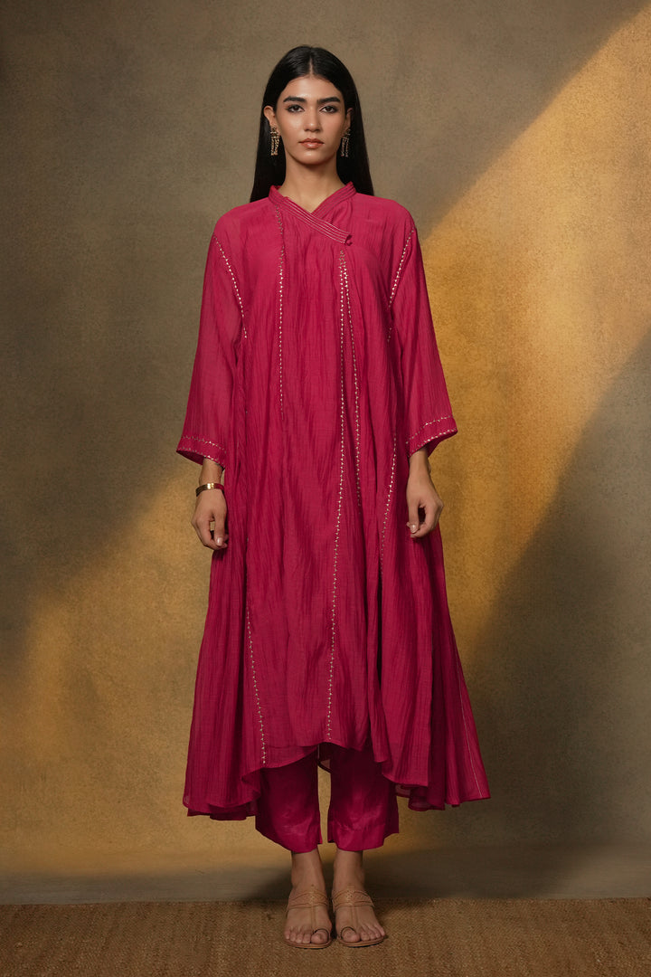 Hot Pink Embroidered Chanderi Choga