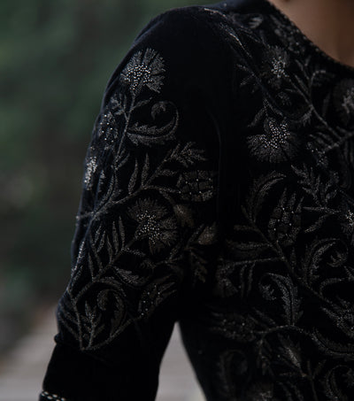 Black Hand Embroidered Velvet Blouse