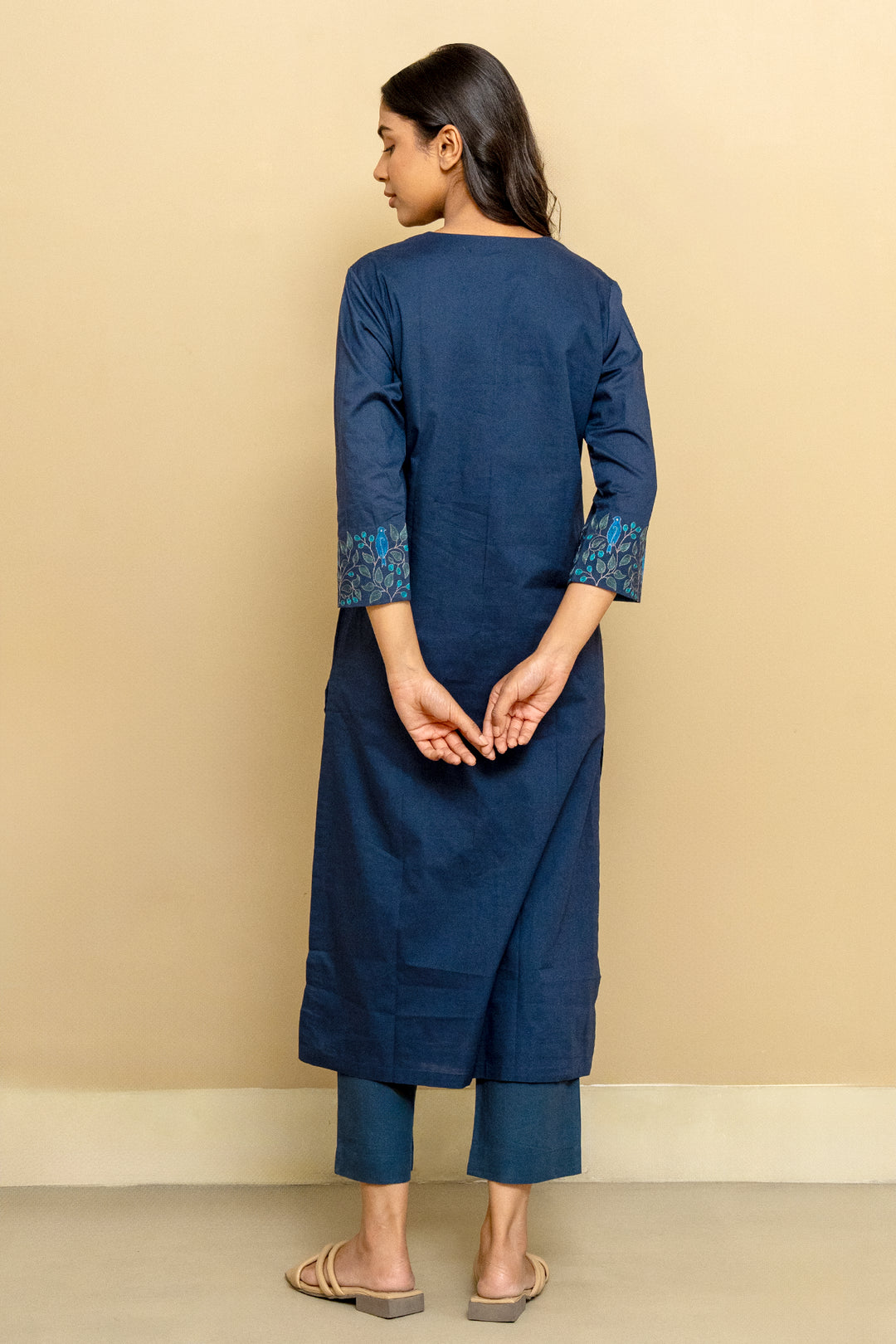 Navy Blue Embroidered Chanderi Kurta