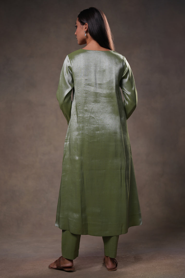 Green Tissue Kurta with Pants and Dupatta