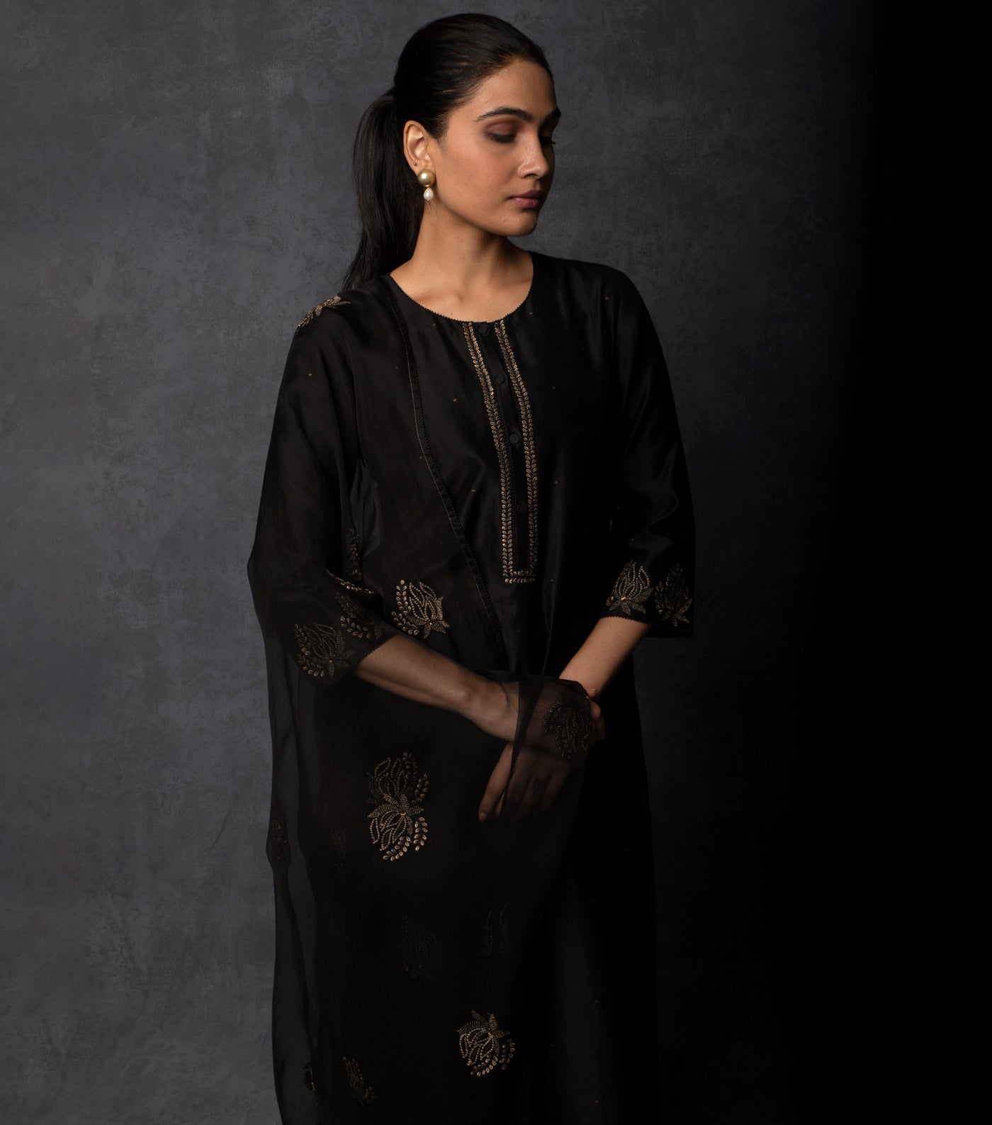Black Embroidered Chanderi Suit Set