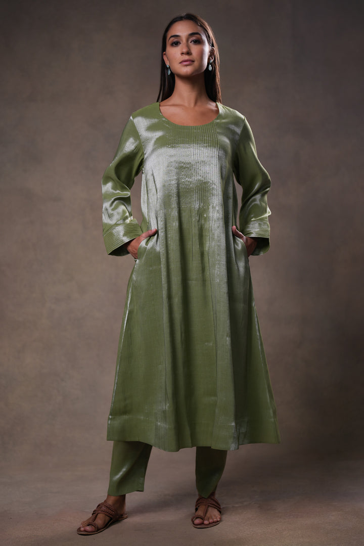 Green Tissue Kurta with Pants and Dupatta