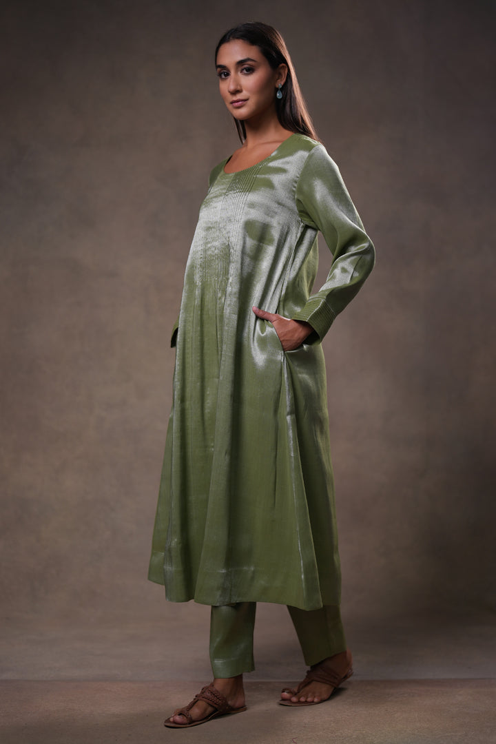 Green Tissue Kurta with Pants and Dupatta