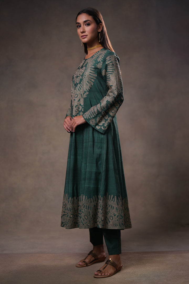 Green Embroidered Silk Kurta with Pants