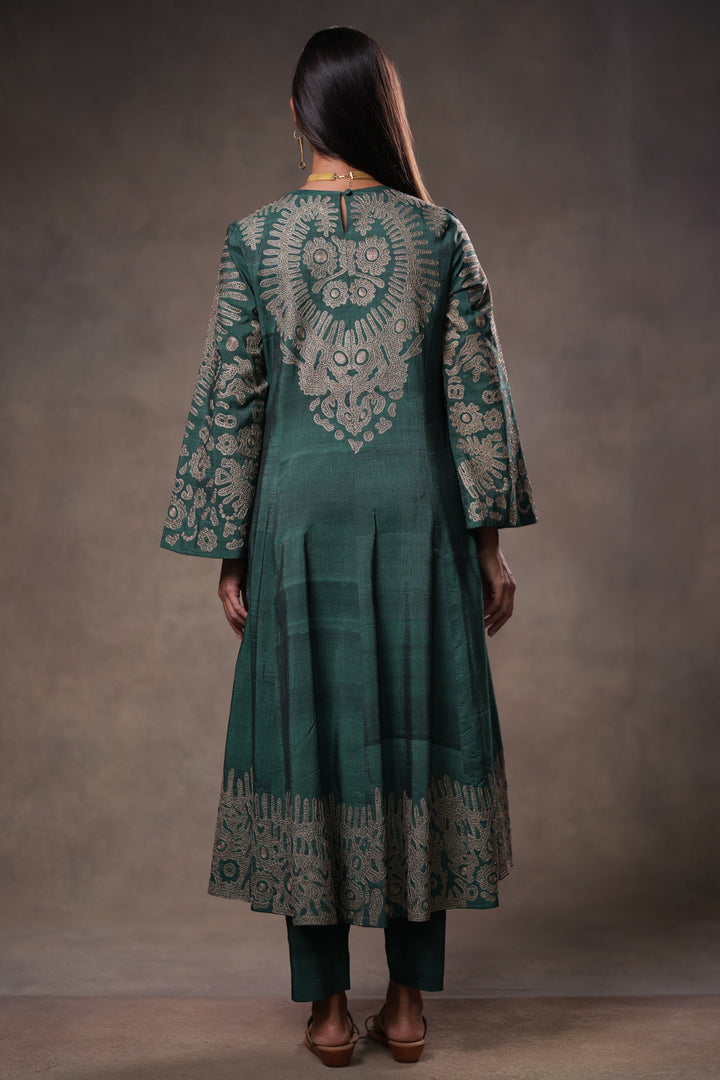 Green Embroidered Silk Kurta with Pants