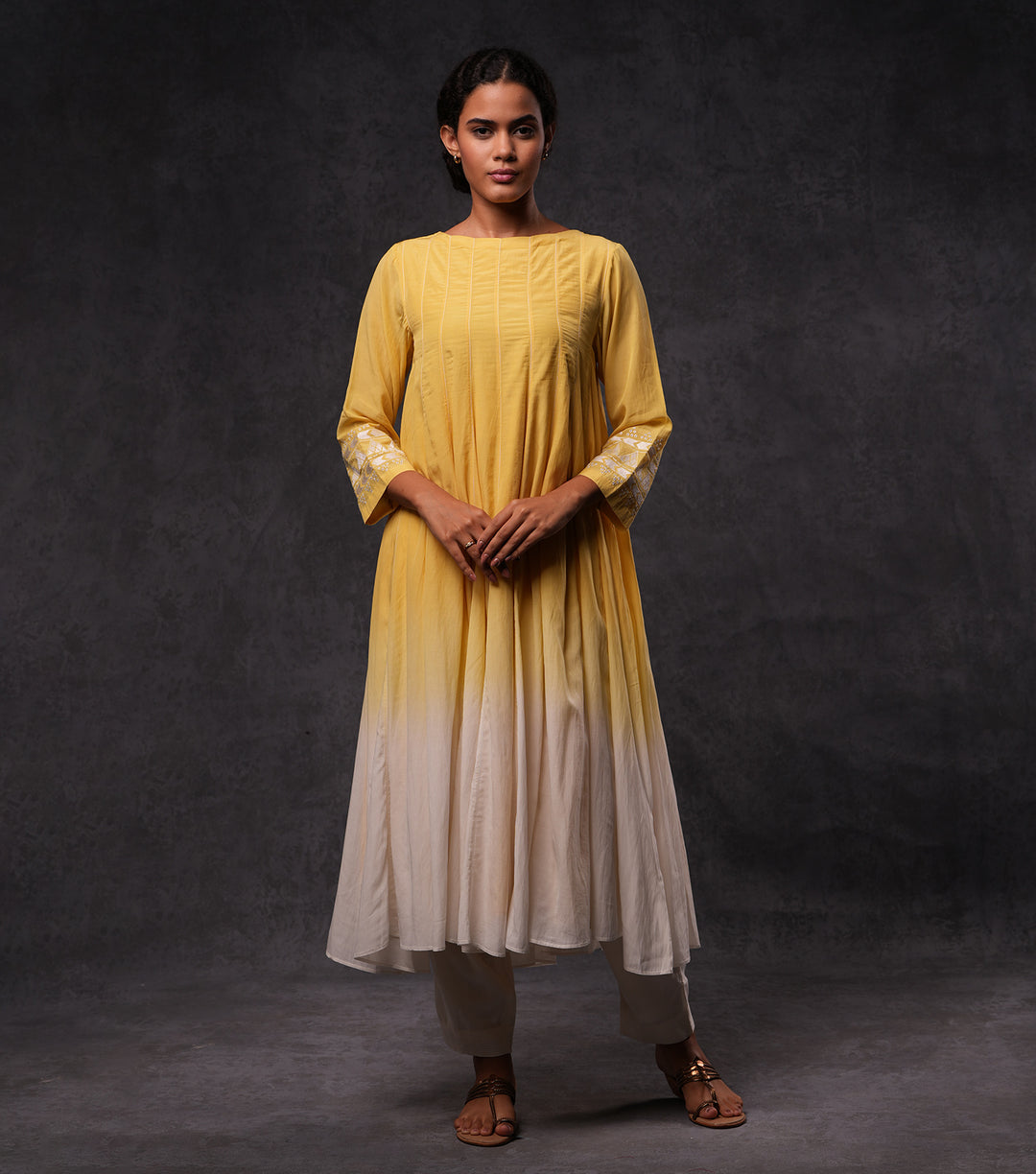Yellow & Ivory Embroidered Ombre Cotton Kurta Set