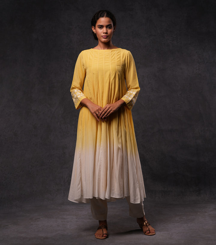 Yellow & Ivory Embroidered Ombre Cotton Kurta Set