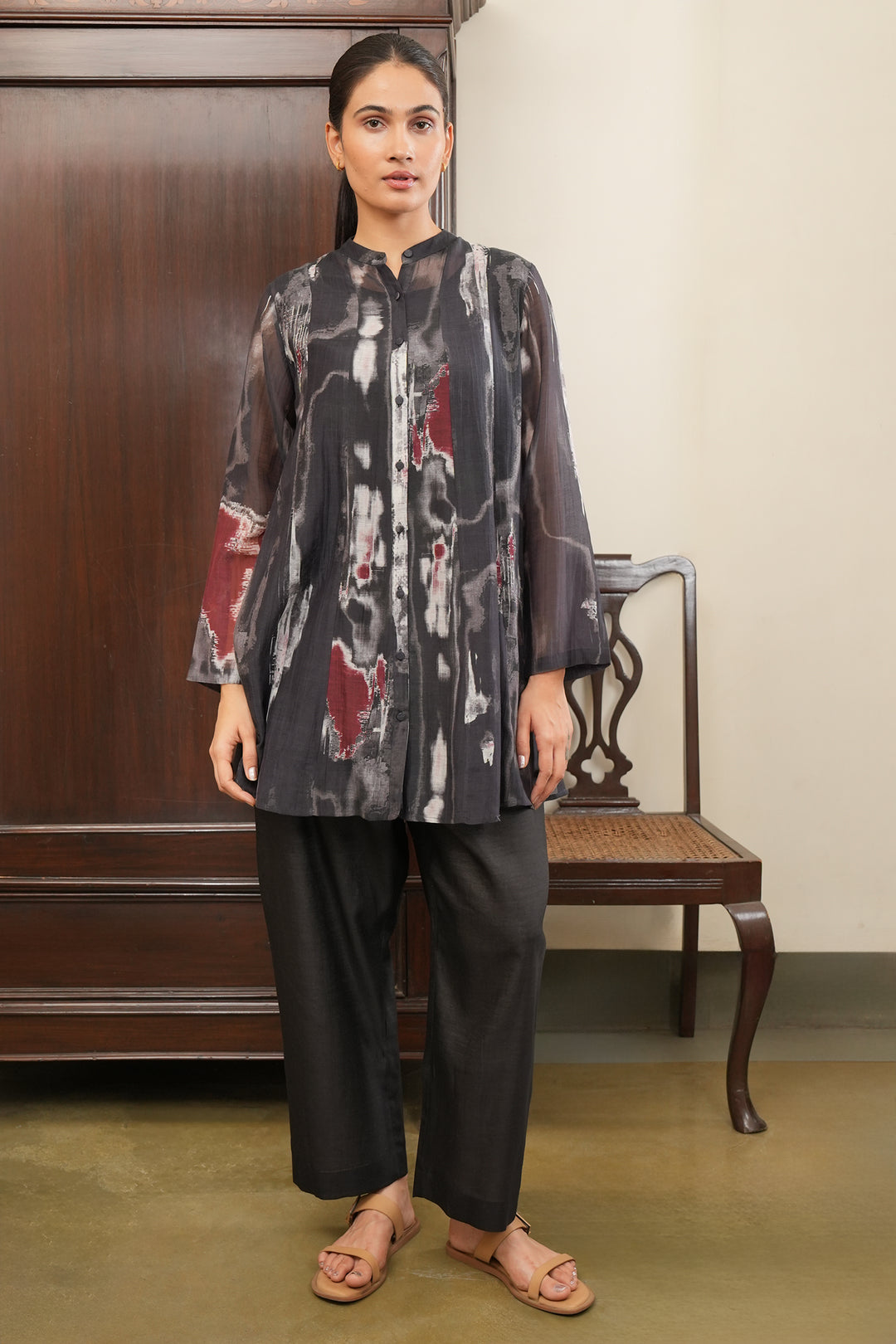 Black Abstract Print Chanderi Oversized Shirt