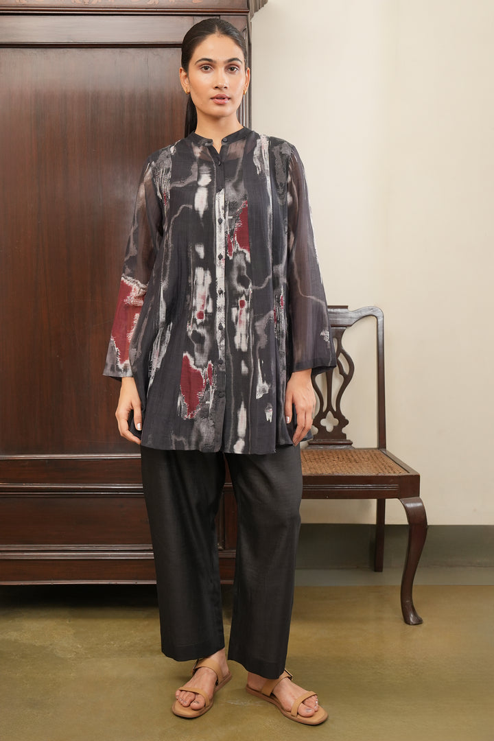 Black Abstract Print Chanderi Oversized Shirt