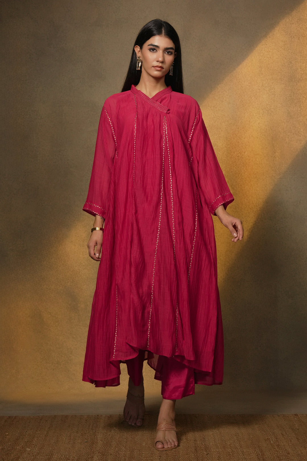 Hot Pink Embroidered Chanderi Choga
