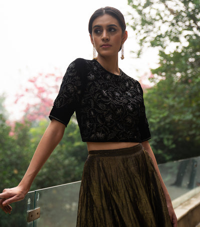 Black Hand Embroidered Velvet Blouse