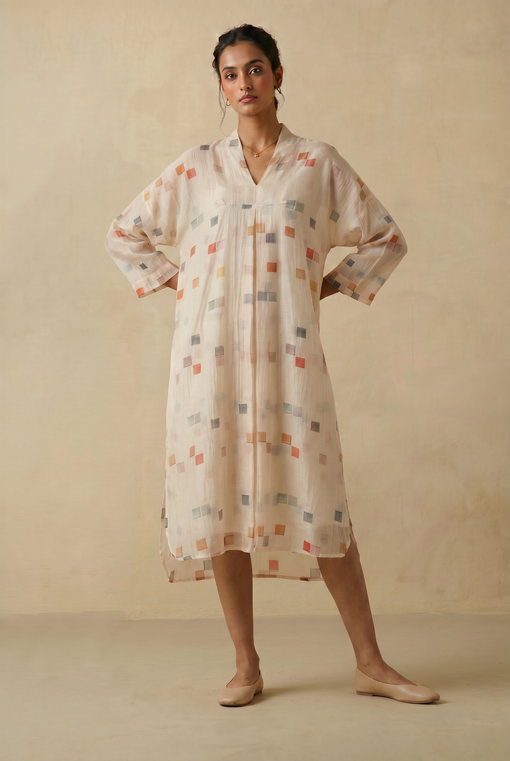 Mosaic Print Cream Chanderi Tunic With Slip
