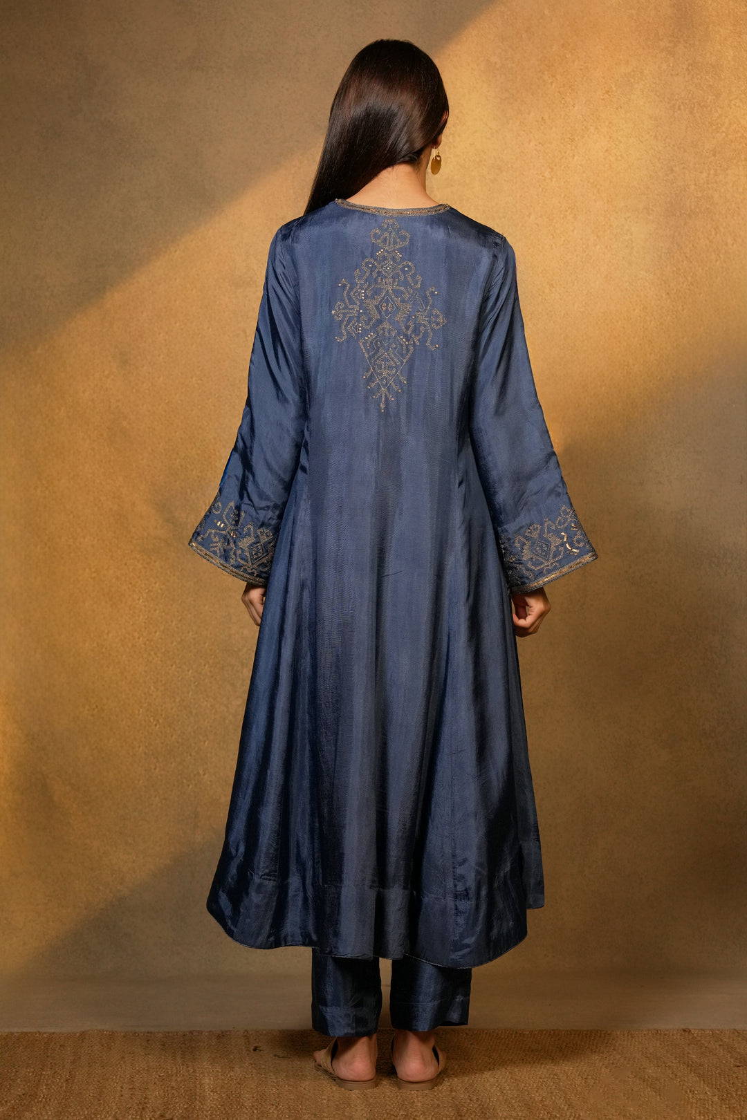 Blue Hand Embroidered Silk Kurta with Pants and Organza Dupatta