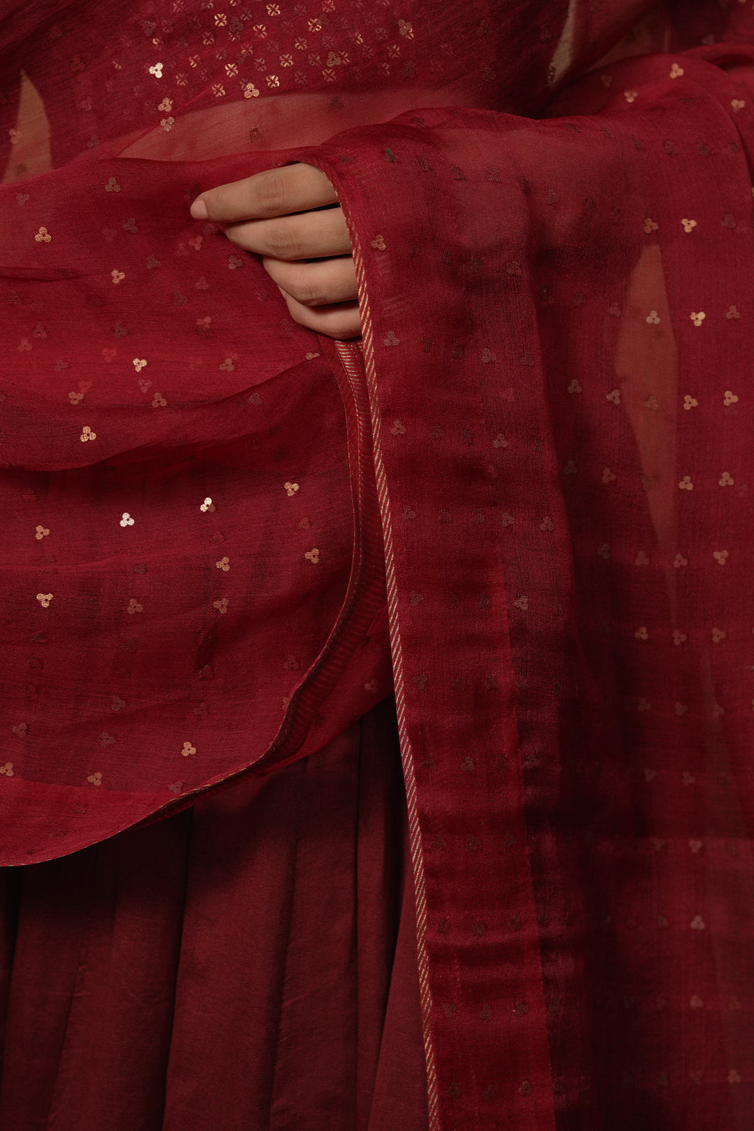 Maroon Hand Embroidered Chanderi Lehenga Set with Blouse & Dupatta