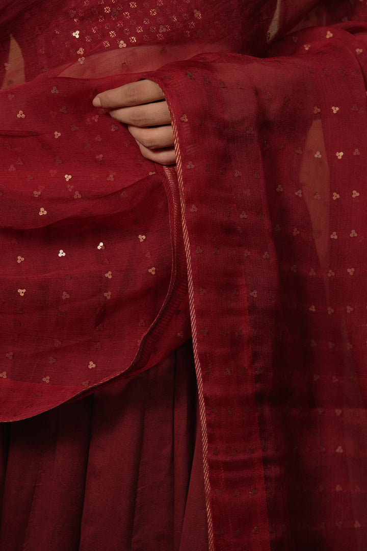 Maroon Hand Embroidered Chanderi Lehenga Set with Blouse & Dupatta