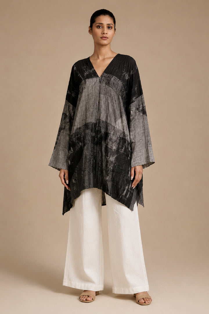 Pure Silk Shibori Dyed Tunic with Stitch Detailing