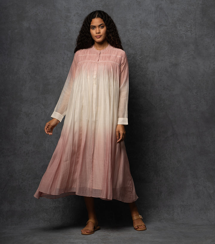 Pink & Ivory Ombre Thread Embroidered Cotton Silk Long Dress