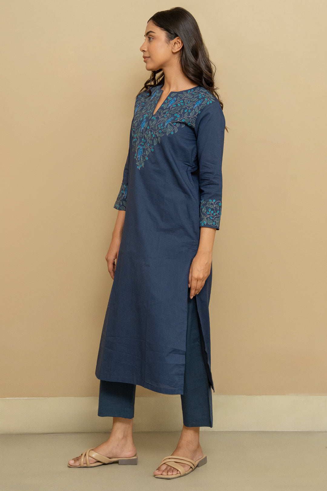 Navy Blue Embroidered Chanderi Kurta