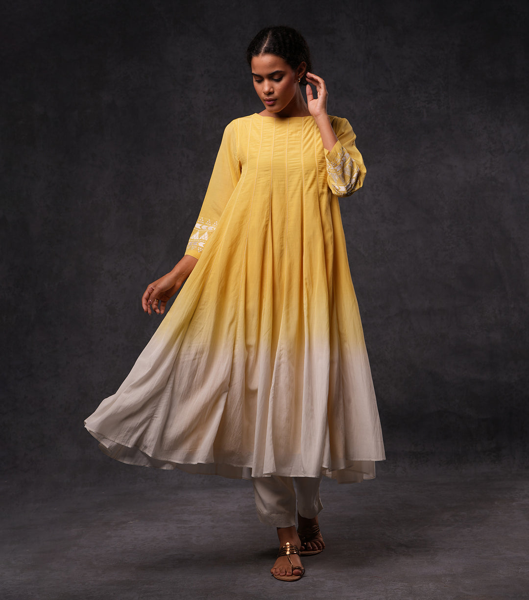 Yellow & Ivory Embroidered Ombre Cotton Kurta Set