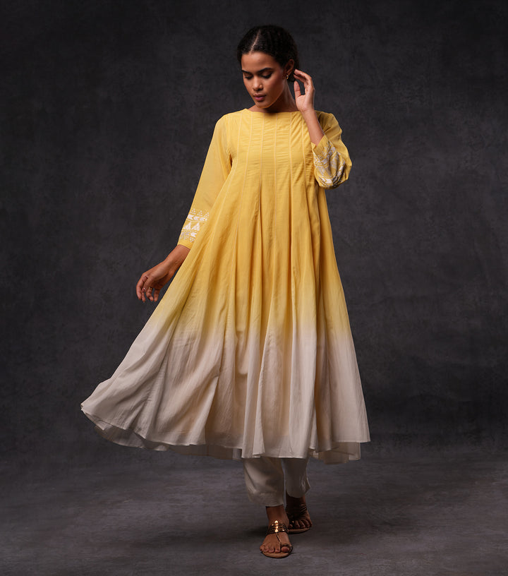 Yellow & Ivory Embroidered Ombre Cotton Kurta Set