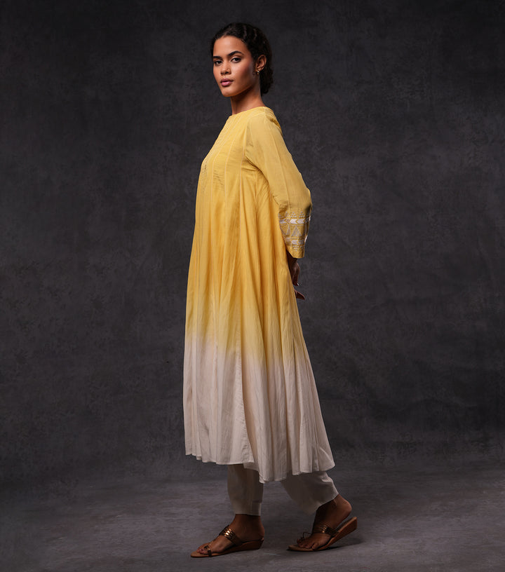 Yellow & Ivory Embroidered Ombre Cotton Kurta Set