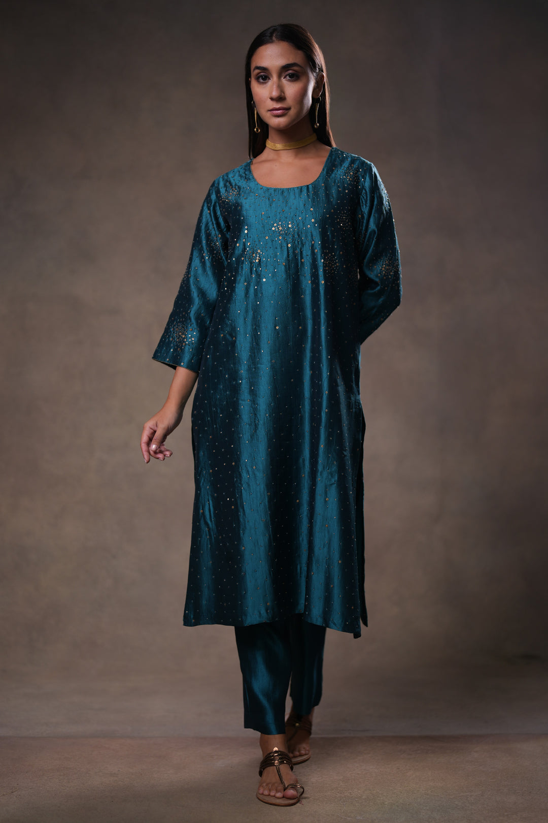 Teal Hand Embroidered Silk Kurta with Pants and Dupatta
