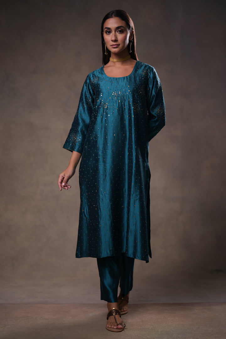 Teal Hand Embroidered Silk Kurta with Pants and Dupatta