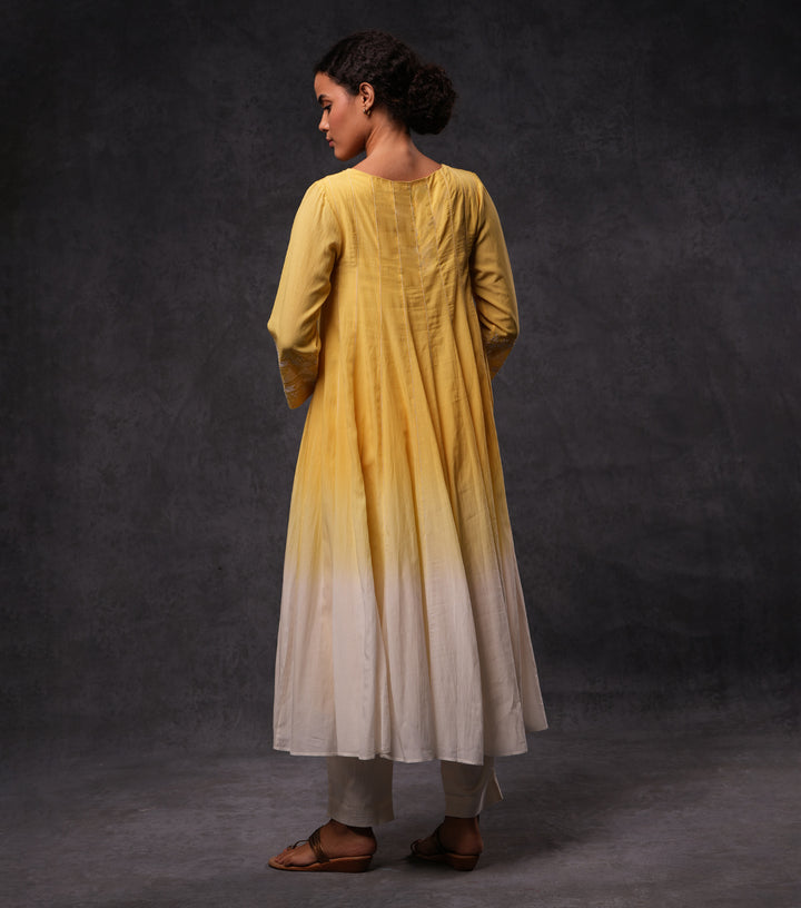 Yellow & Ivory Embroidered Ombre Cotton Kurta Set
