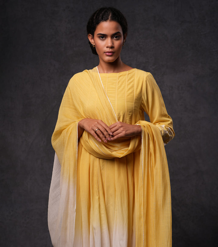 Yellow & Ivory Embroidered Ombre Cotton Kurta Set
