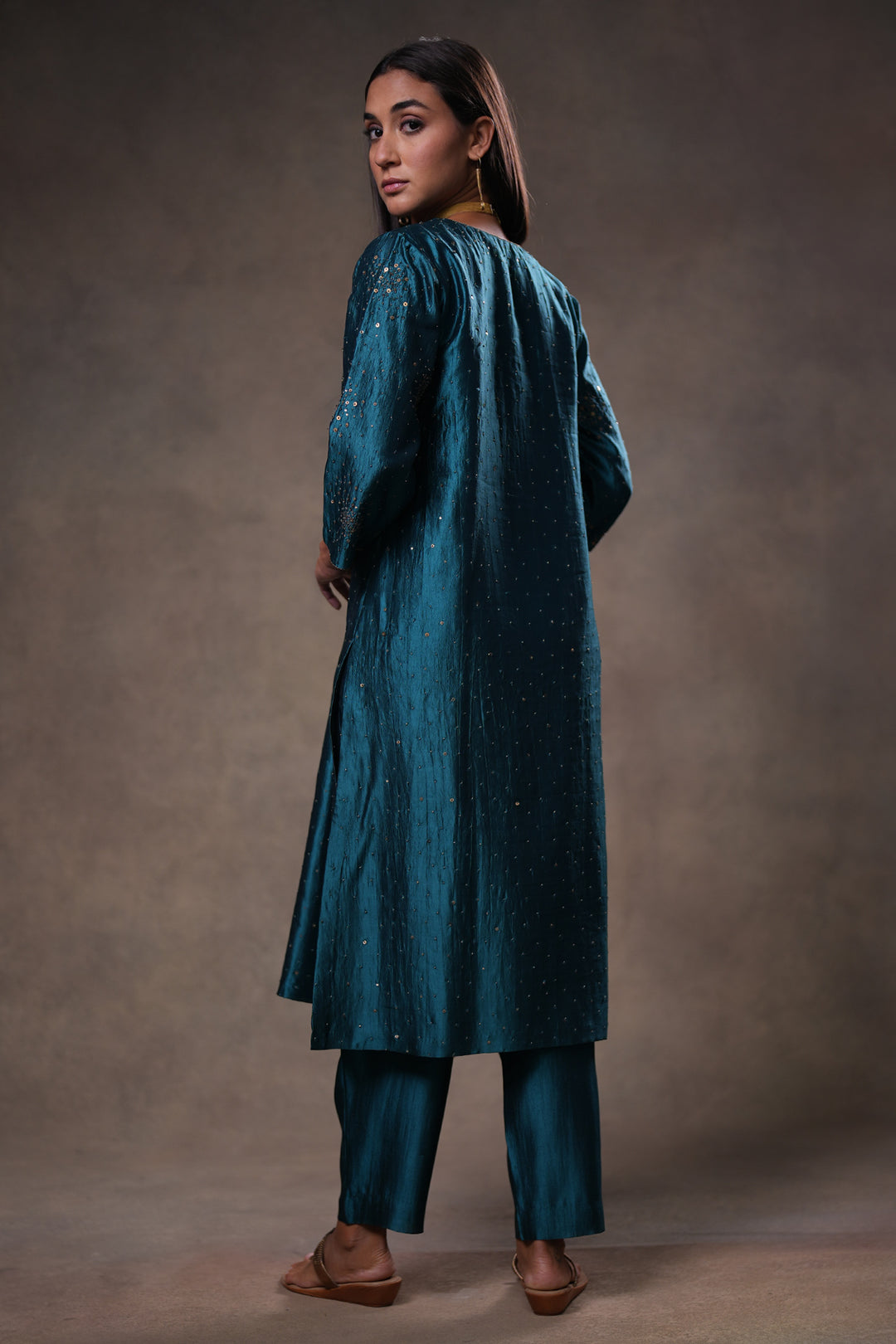 Teal Hand Embroidered Silk Kurta with Pants and Dupatta