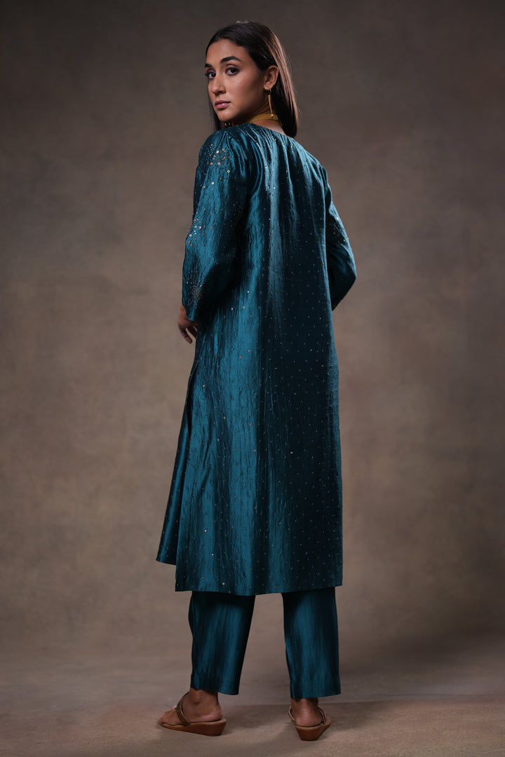 Teal Hand Embroidered Silk Kurta with Pants and Dupatta