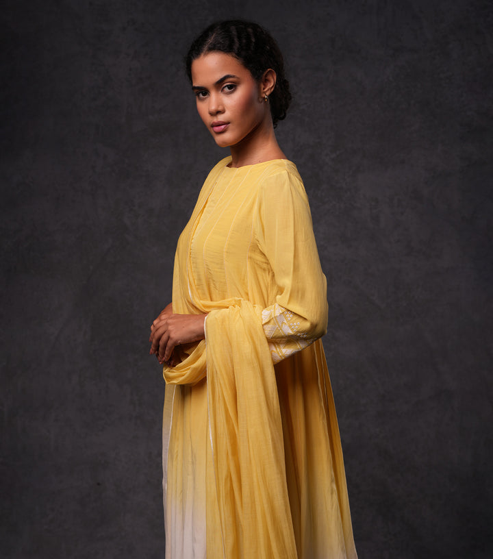 Yellow & Ivory Embroidered Ombre Cotton Kurta Set