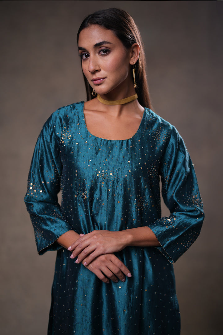 Teal Hand Embroidered Silk Kurta with Pants and Dupatta