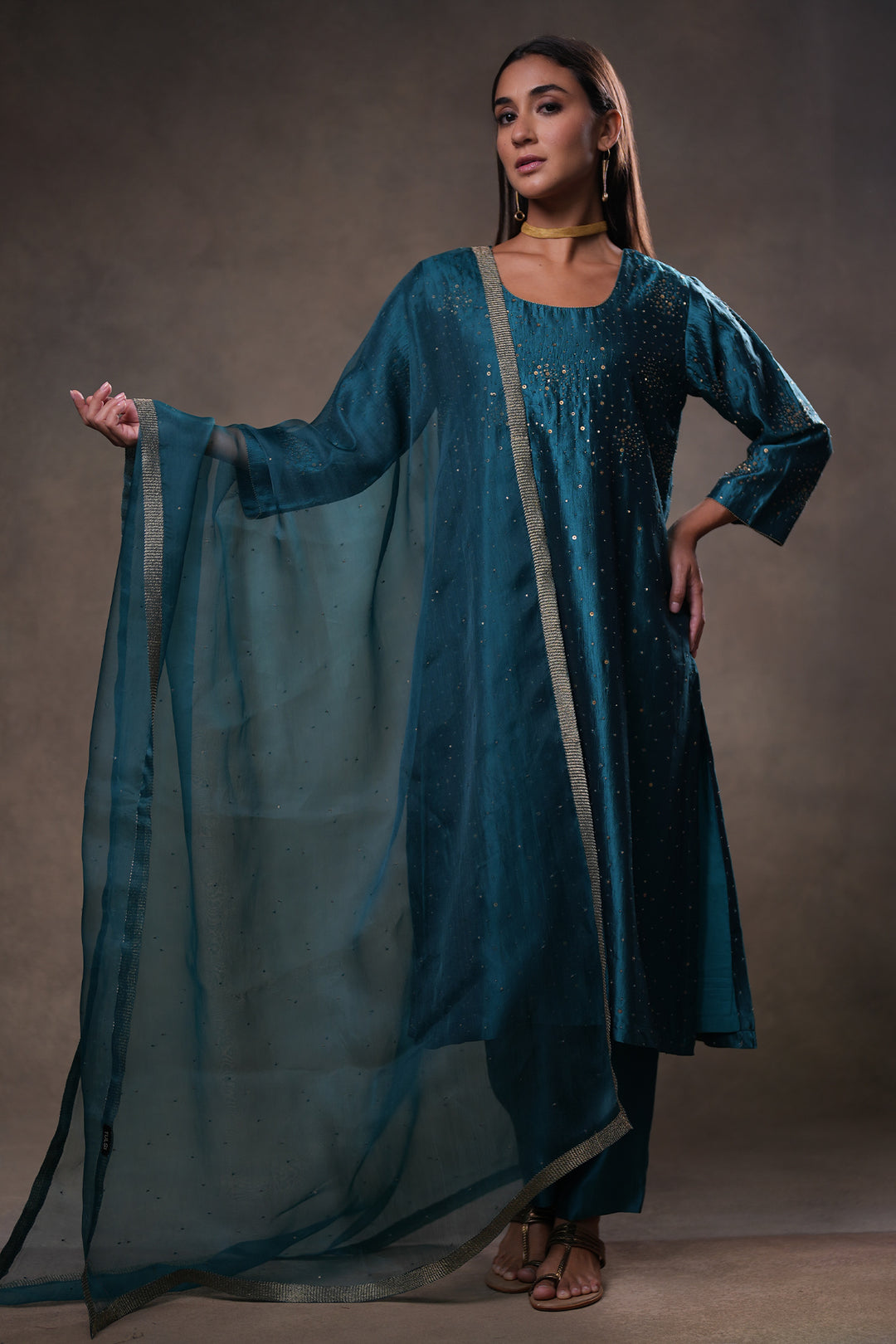 Teal Hand Embroidered Silk Kurta with Pants and Dupatta