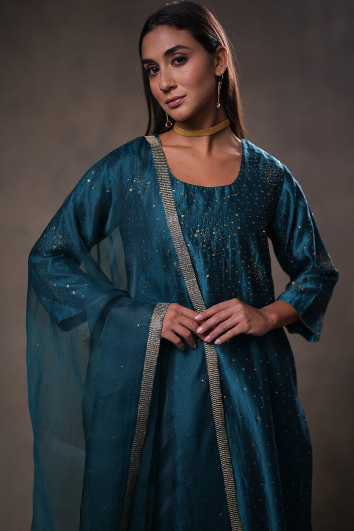 Teal Embroidered Organza Dupatta