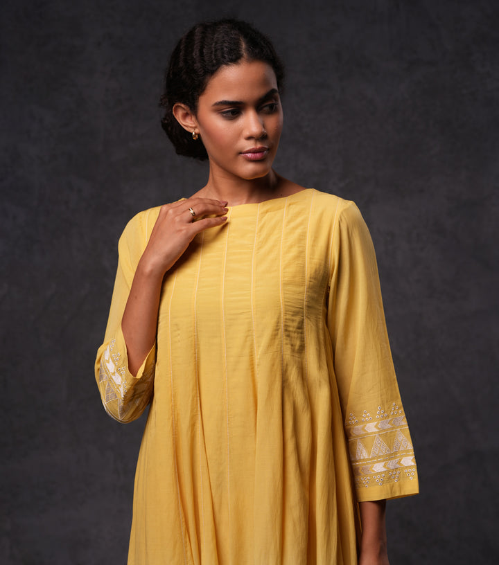 Yellow & Ivory Embroidered Ombre Cotton Kurta Set