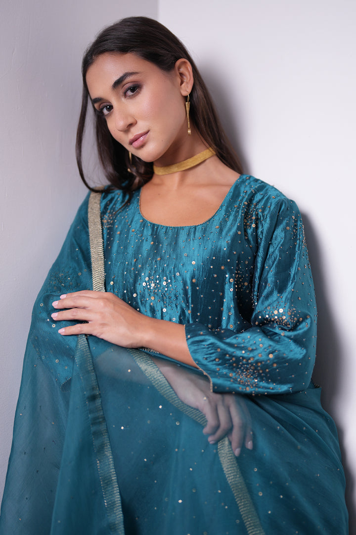 Teal Hand Embroidered Silk Kurta with Pants and Dupatta