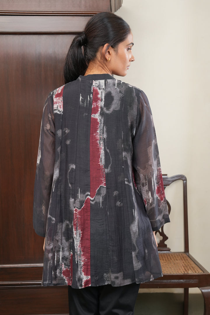 Black Abstract Print Chanderi Oversized Shirt