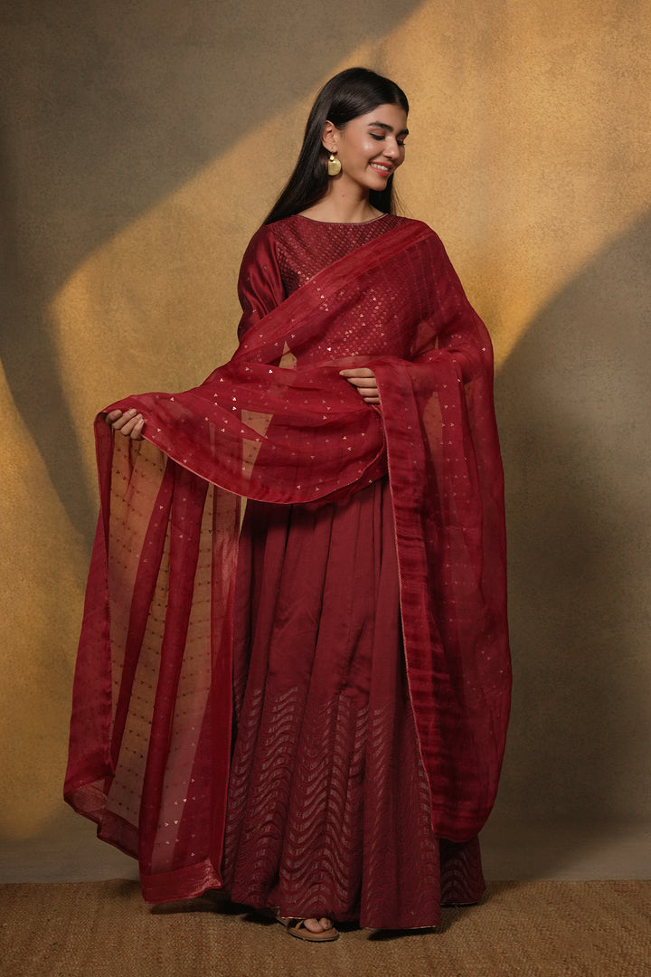 Maroon Hand Embroidered Chanderi Lehenga Set with Blouse & Dupatta