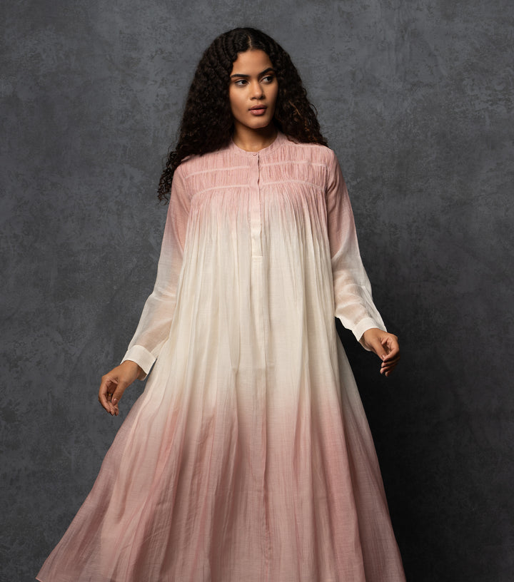 Pink & Ivory Ombre Thread Embroidered Cotton Silk Long Dress