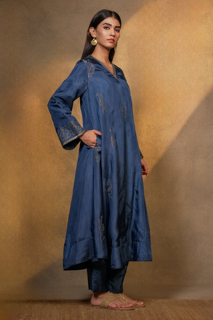 Blue Hand Embroidered Silk Kurta with Pants and Organza Dupatta
