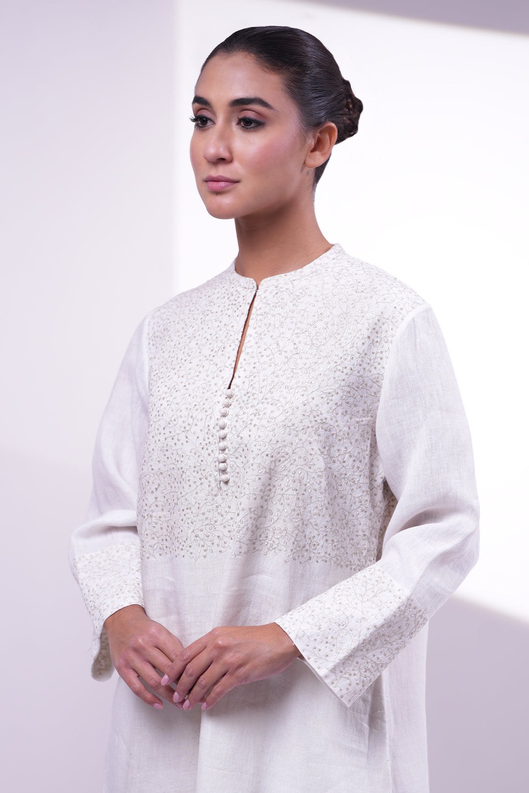 Ivory Embroidered Cotton Linen Kurta